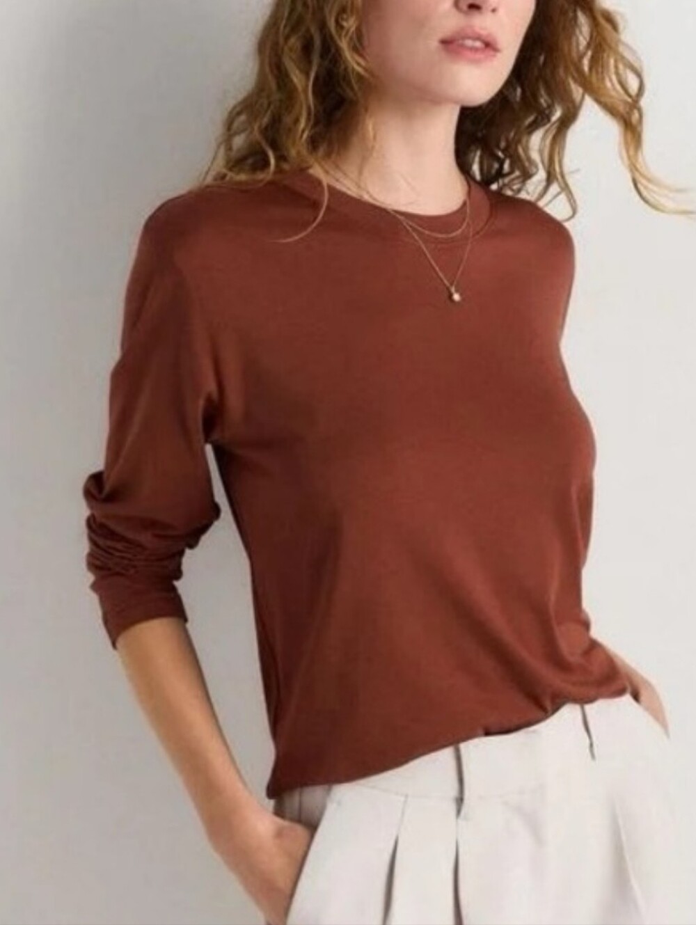 Quince Relaxed Long Sleeve Tee Redwood Brown Size Medium Cotton Modal